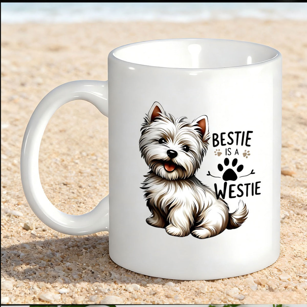 Tailorly White Ceramic 11 oz Mug - Bestie Is A Westie Fluffy White Puppy Sitting Gracefully Beside Small Paw Print Pattern Westie