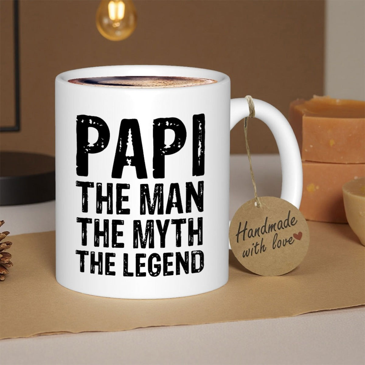 Tailorly White Ceramic 11 oz Mug - Papi The Man The Myth The Legend Distressed Bold Sans Serif Typography Centered On A Simple White Background Mug