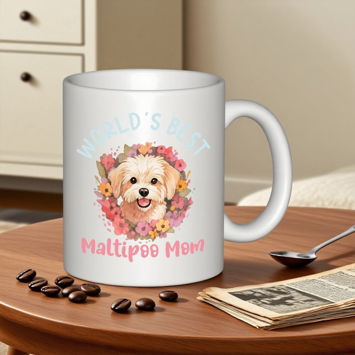 Tailorly White Ceramic 11 oz Mug - Worlds Best Maltipoo Mom Cute Fluffy Dog Smiling Within A Colorful Floral Wreath Arrangement Maltipoo