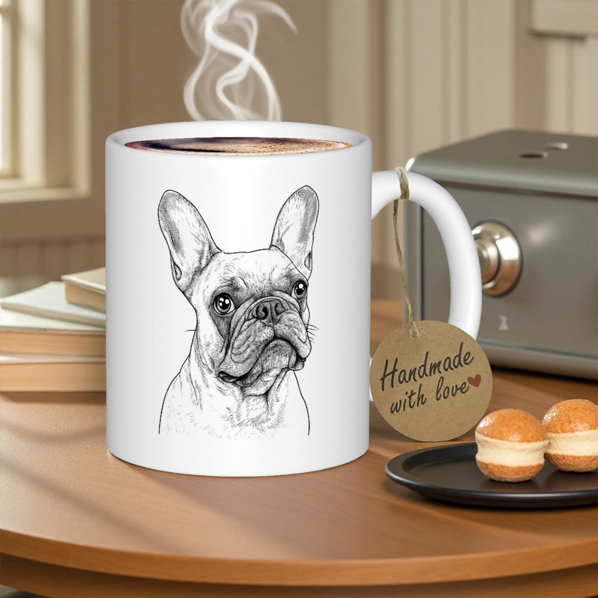 Tailorly White Ceramic 11 oz Mug - Handmade With Love Detailed Artistic Black And White Sketch Illustrating A Serene Bulldog