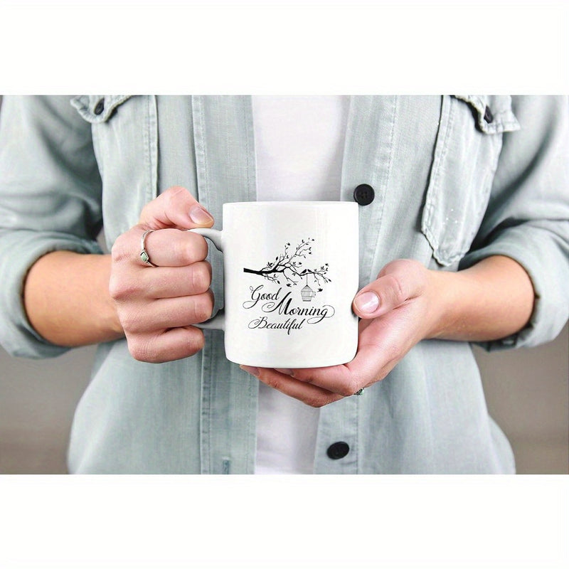 Tailorly White Ceramic 11 oz Mug - Good Morning Beautiful Elegant Floral Branch With Small Heart Hanging From Slender Twig Branch