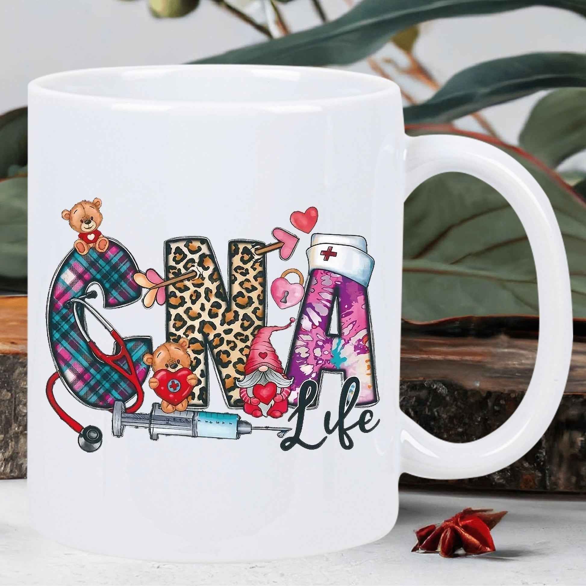 Tailorly White Ceramic 11 oz Mug - CNA Life Colorful Artistic Medical Symbols With Cute Bears And Heart Pattern Mug