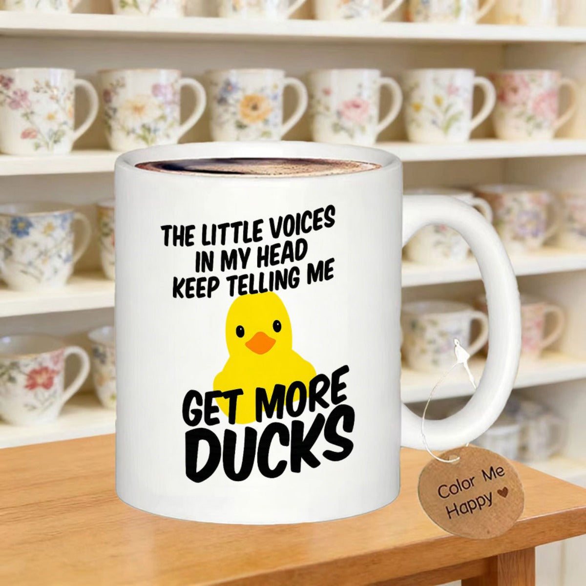 Tailorly White Ceramic 11 oz Mug - The Little Voices In My Head Keep Telling Me Get More Ducks Simple Yellow Rubber Duckling With Bright Orange Beak Centered On