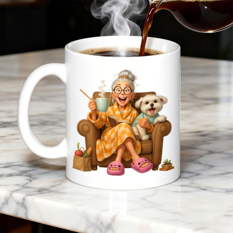 Tailorly White Ceramic 11 oz Mug - Cheerful Elderly Lady Resting In Armchair With A Small Fluffy Puppy Grandmother