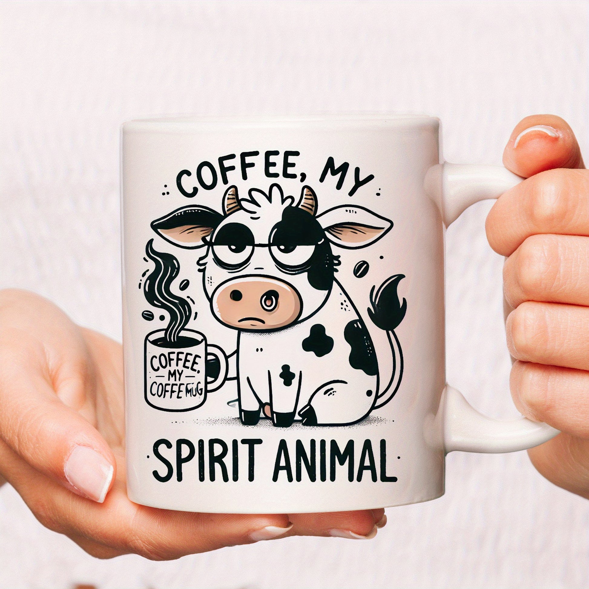 Tailorly White Ceramic 11 oz Mug - Coffee My Spirit Animal Whimsical Spotted Cartoon Character Wearing Glasses Holding A Steaming Cup Of Coffee Cow