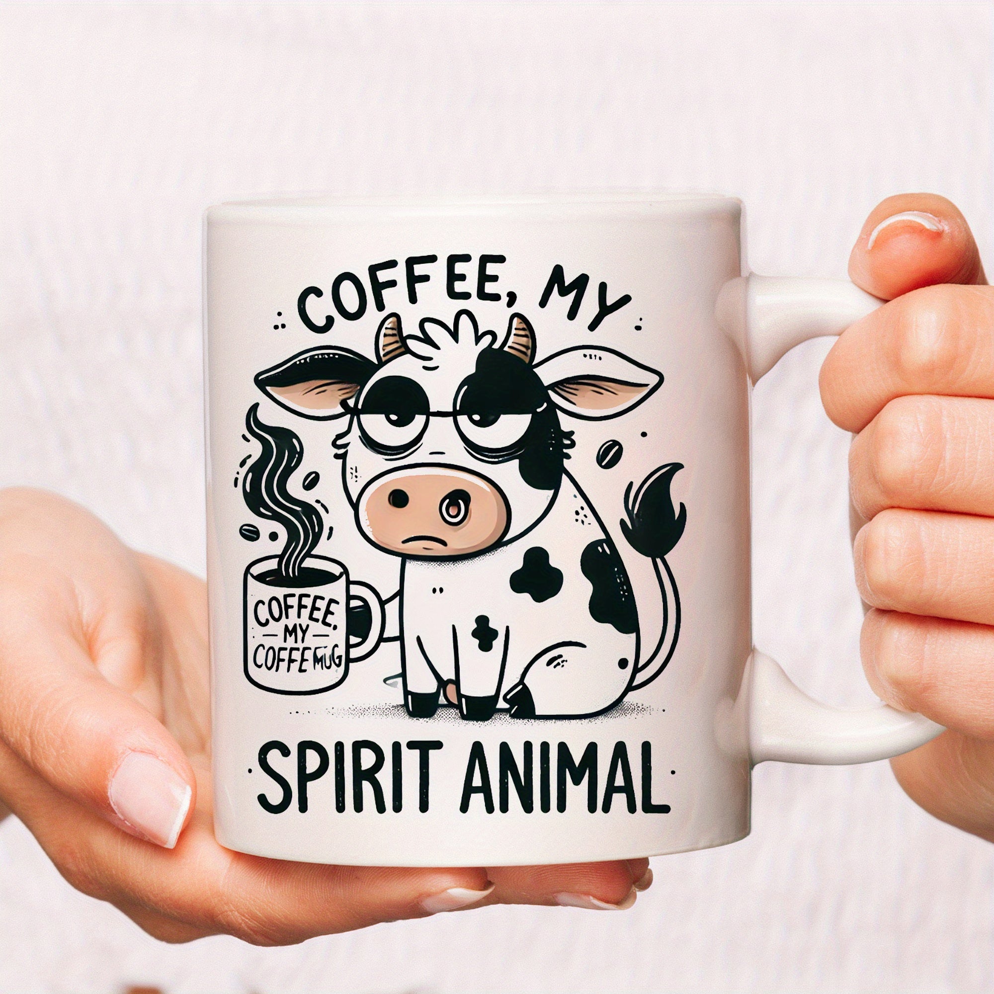 Tailorly White Ceramic 11 oz Mug - Coffee My Spirit Animal Whimsical Spotted Cartoon Character Wearing Glasses Holding A Steaming Cup Of Coffee Cow