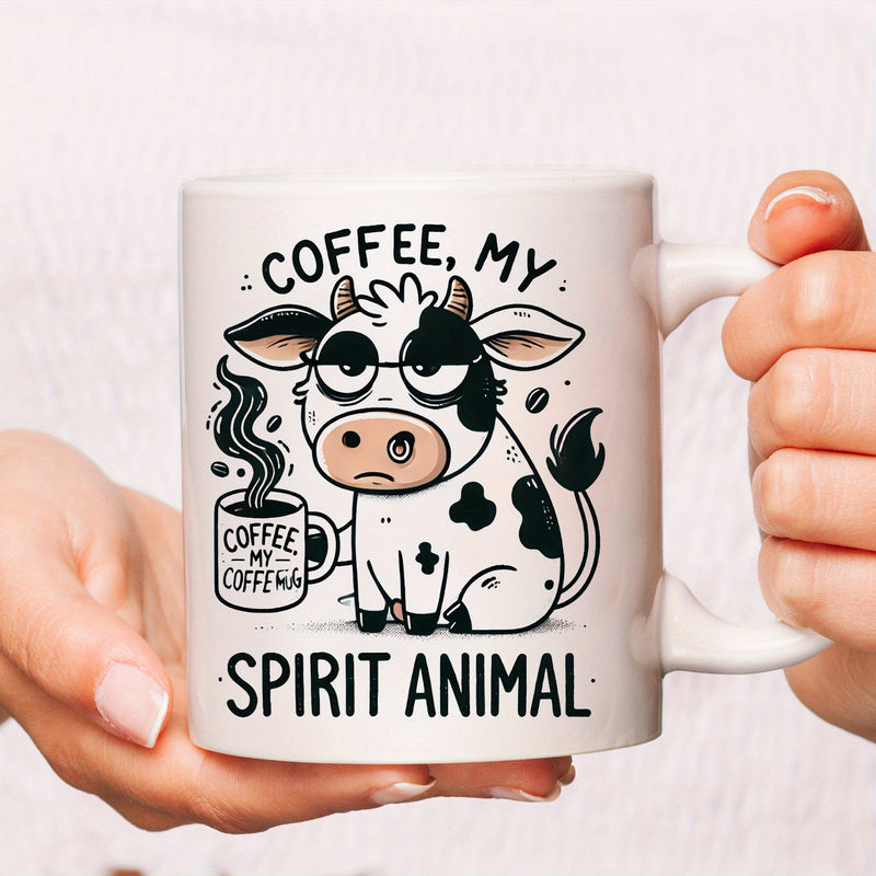 Tailorly White Ceramic 11 oz Mug - Coffee My Spirit Animal Whimsical Spotted Cartoon Character Wearing Glasses Holding A Steaming Cup Of Coffee Cow