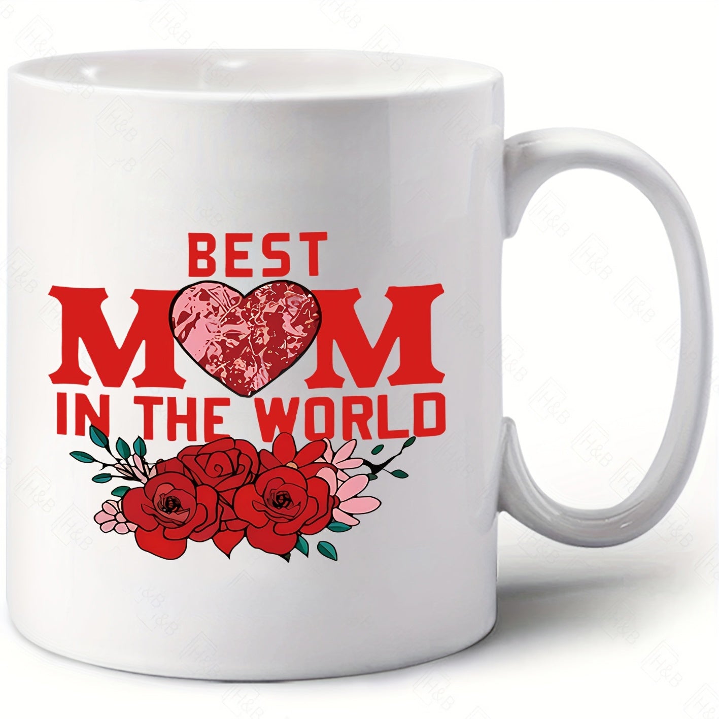 Tailorly White Ceramic 11 oz Mug - Best Mom In The World Vibrant Red Roses And Textured Heart Among Lush Green Blooming Leaves Rose