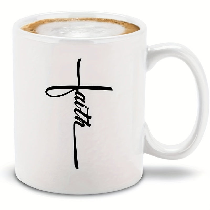 Tailorly White Ceramic 11 oz Mug - Faith Minimalist Black Cursive Line Drawing Forming A Sacred Religious Cross
