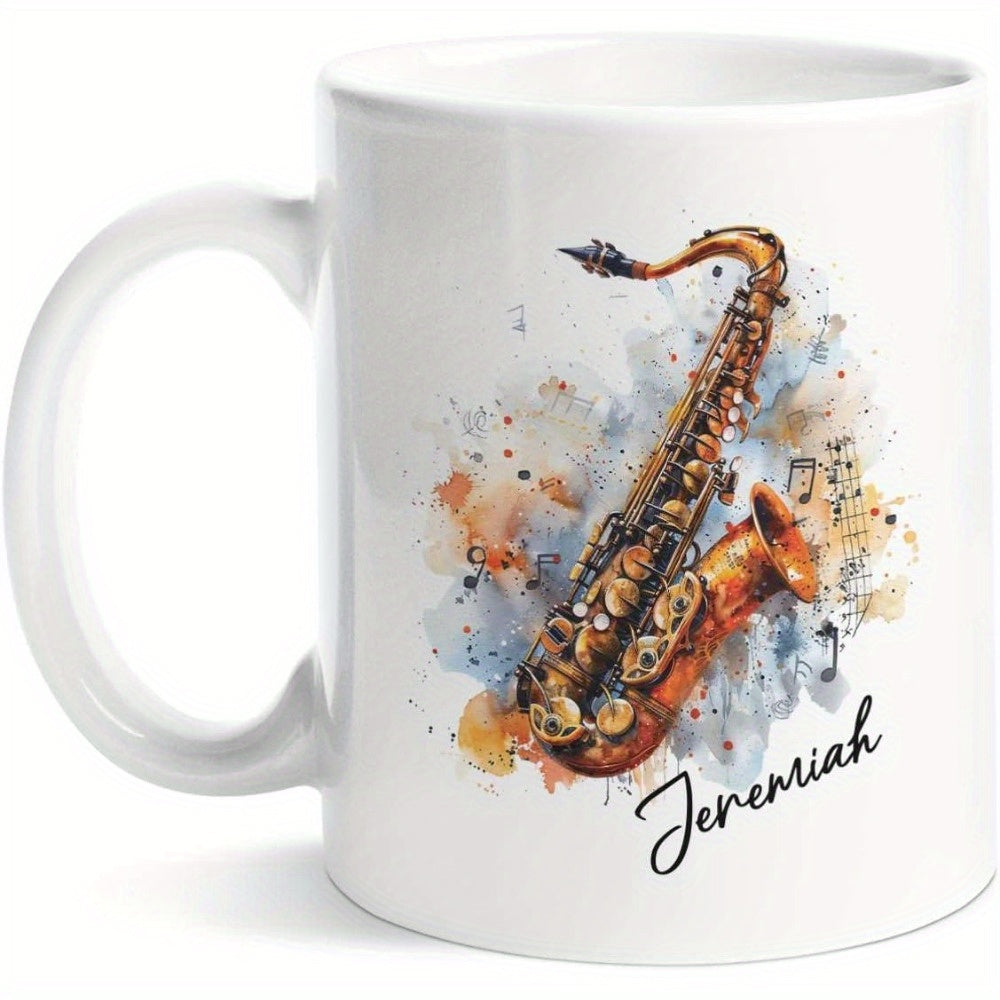 Tailorly White Ceramic 11 oz Mug - Jeremiah Artistic Watercolor Splashes Among Musical Notes With Golden Brass Texture Saxophone