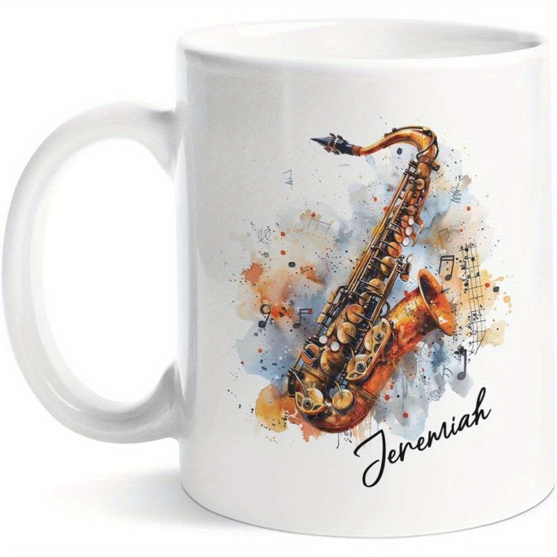 Tailorly White Ceramic 11 oz Mug - Jeremiah Artistic Watercolor Splashes Among Musical Notes With Golden Brass Texture Saxophone