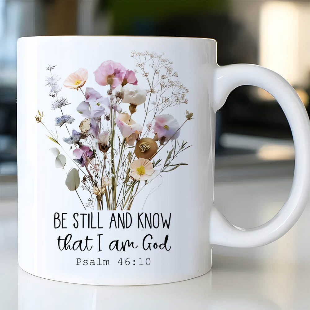 Tailorly White Ceramic 11 oz Mug - Be Still And Know That I Am God Psalm 46 10 Soft Pastel Wildflowers Among Delicate Dried Stems In A Beautiful Bouquet