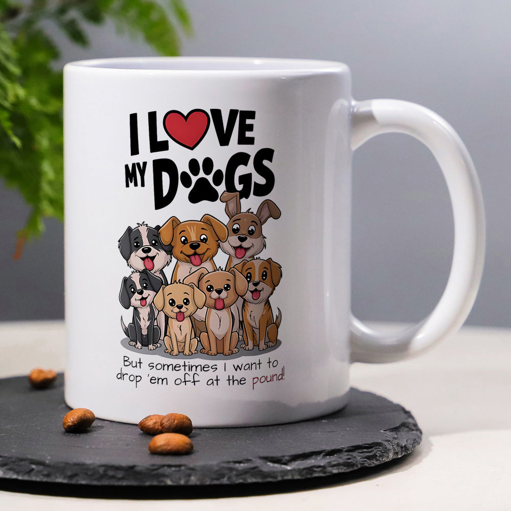 Tailorly White Ceramic 11 oz Mug - I Love My Dogs Cute Group Of Diverse Cartoon Puppies Below Red Heart Symbol Dog