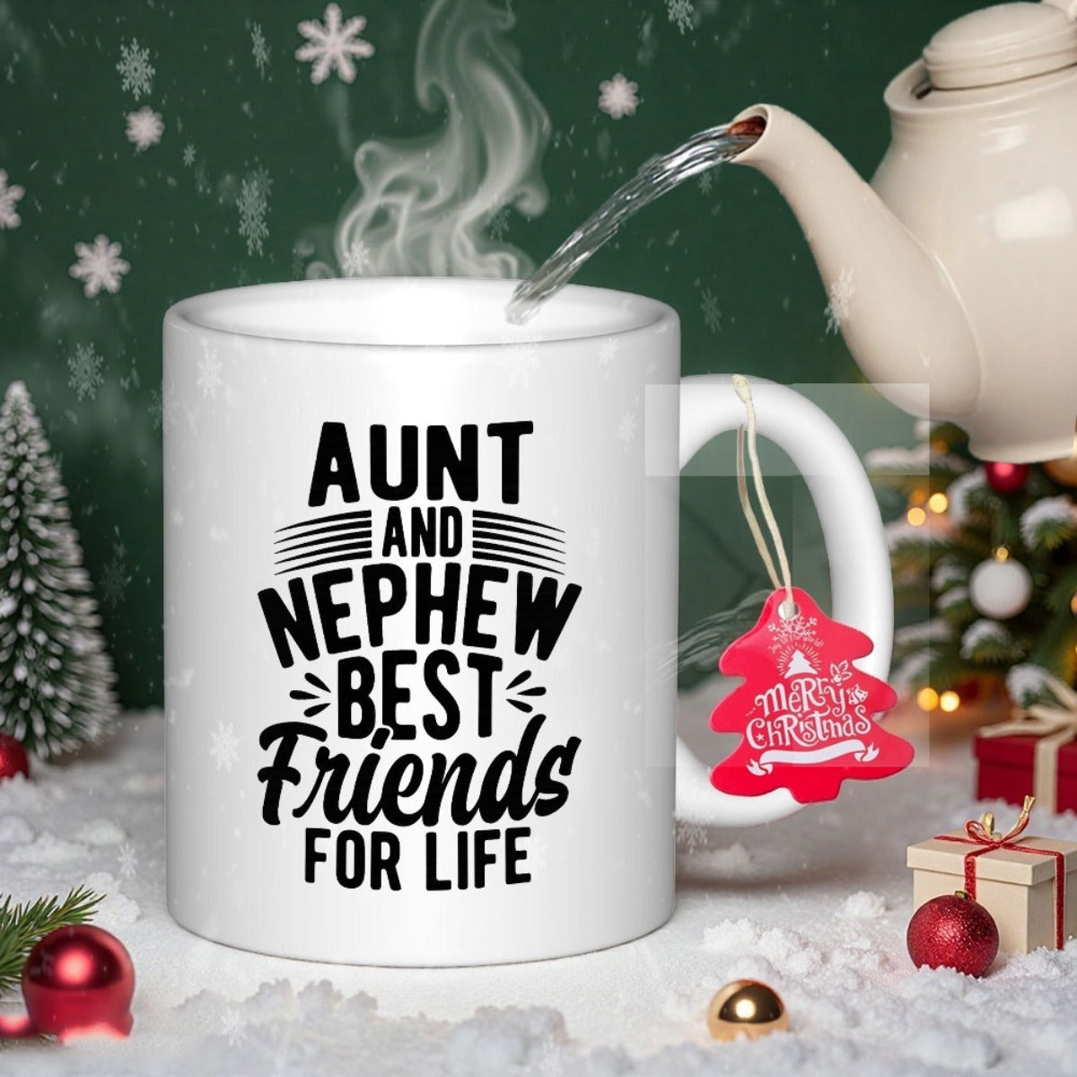 Tailorly White Ceramic 11 oz Mug - Aunt And Nephew Best Friends For Life Artistic Typography Featuring Bold Decorative Script Within Festive Winter Scenery Mug