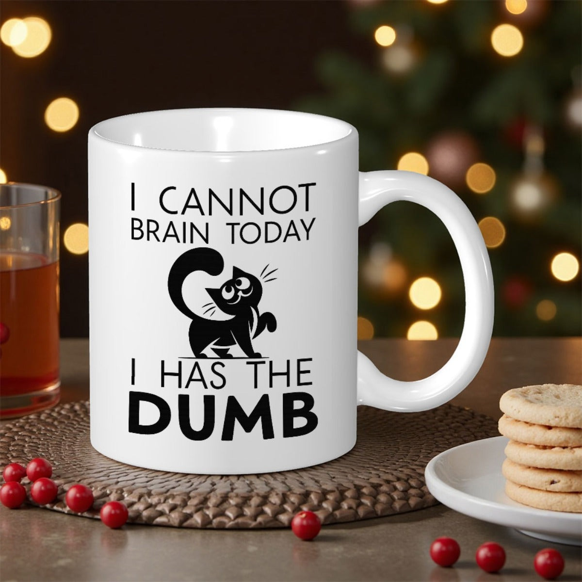 Tailorly White Ceramic 11 oz Mug - I Cannot Brain Today I Has The Dumb Playful Black Cartoon Illustration With Curved Tail Looking Confused And Silly Cat