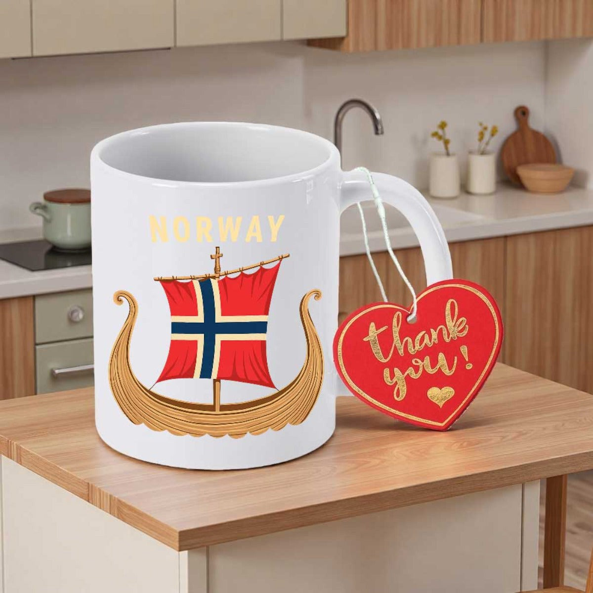 Tailorly White Ceramic 11 oz Mug - Norway Traditional Wooden Longship Carrying A Red And Blue National Flag Sail Ship