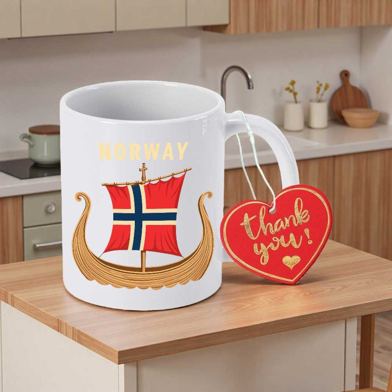 Tailorly White Ceramic 11 oz Mug - Norway Traditional Wooden Longship Carrying A Red And Blue National Flag Sail Ship