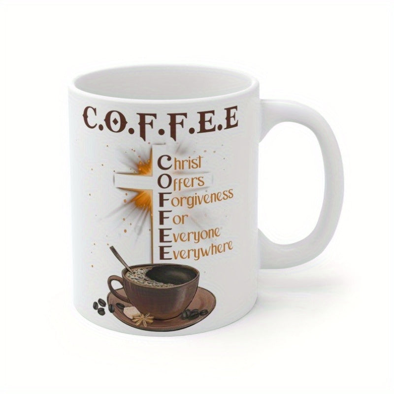 Tailorly White Ceramic 11 oz Mug - Coffee Christ Offers Forgiveness For Everyone Everywhere Radiant Cross Glowing Behind A Steaming Dark Brown Ceramic Cup