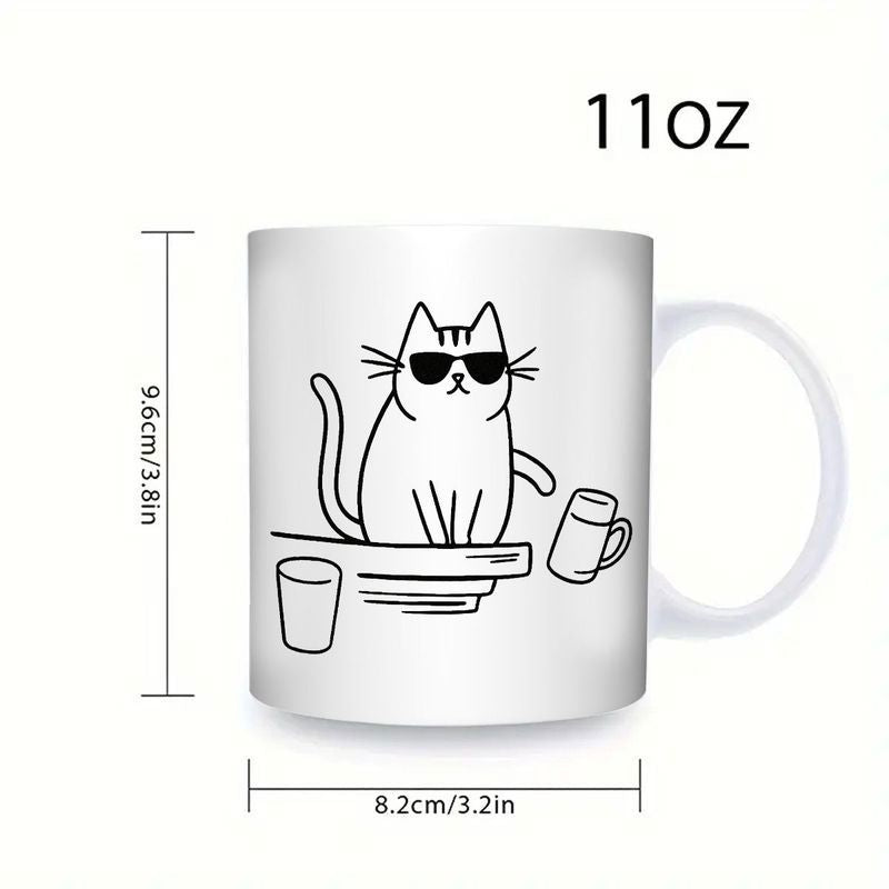 Tailorly White Ceramic 11 oz Mug - Minimalist Black Line Art Sketch Featuring Playful Feline Wearing Sunglasses Sitting Cat