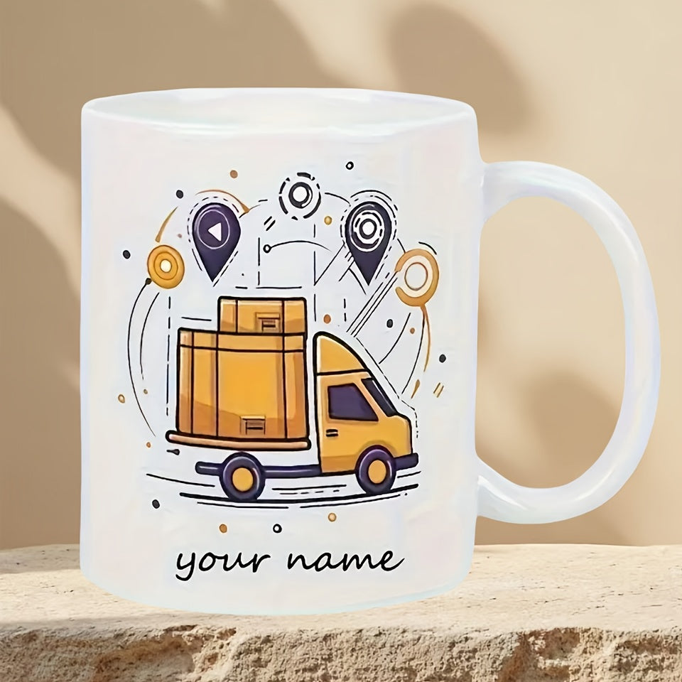 Tailorly White Ceramic 11 oz Mug - Your Name Vibrant Yellow Logistics Van Transporting Cardboard Cargo Boxes Amidst Stylized Route Icons Truck