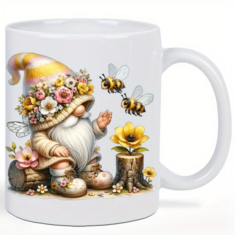 Tailorly White Ceramic 11 oz Mug - Charming Garden Character Wearing Floral Hat Surrounded By Bees And Sunflowers Gnome