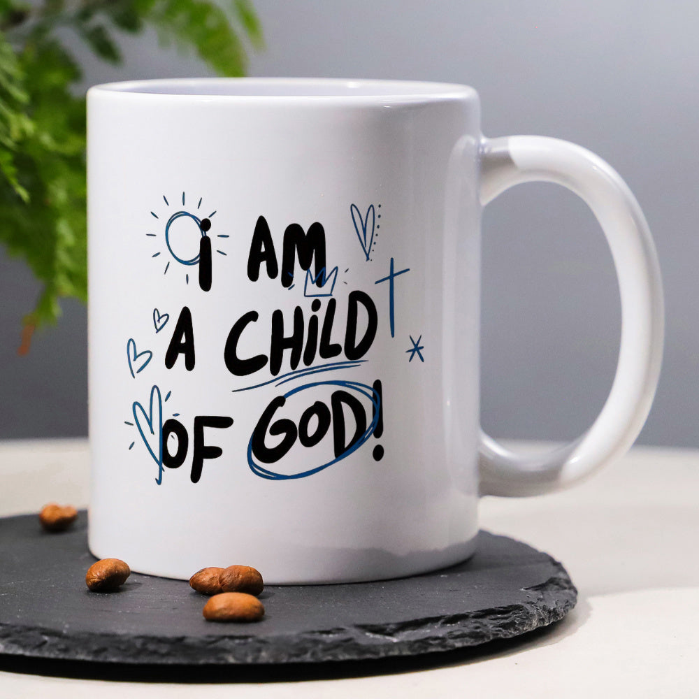 Tailorly White Ceramic 11 oz Mug - I Am A Child Of God Pure Featuring Hand Drawn Hearts Sun And Religious Cross Mug