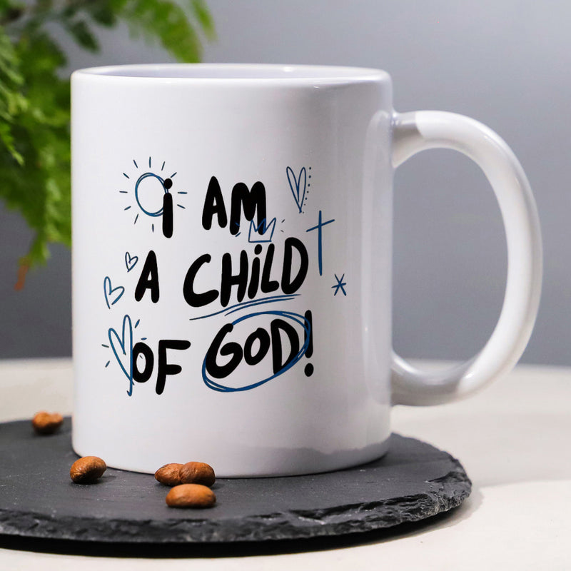 Tailorly White Ceramic 11 oz Mug - I Am A Child Of God Pure Featuring Hand Drawn Hearts Sun And Religious Cross Mug