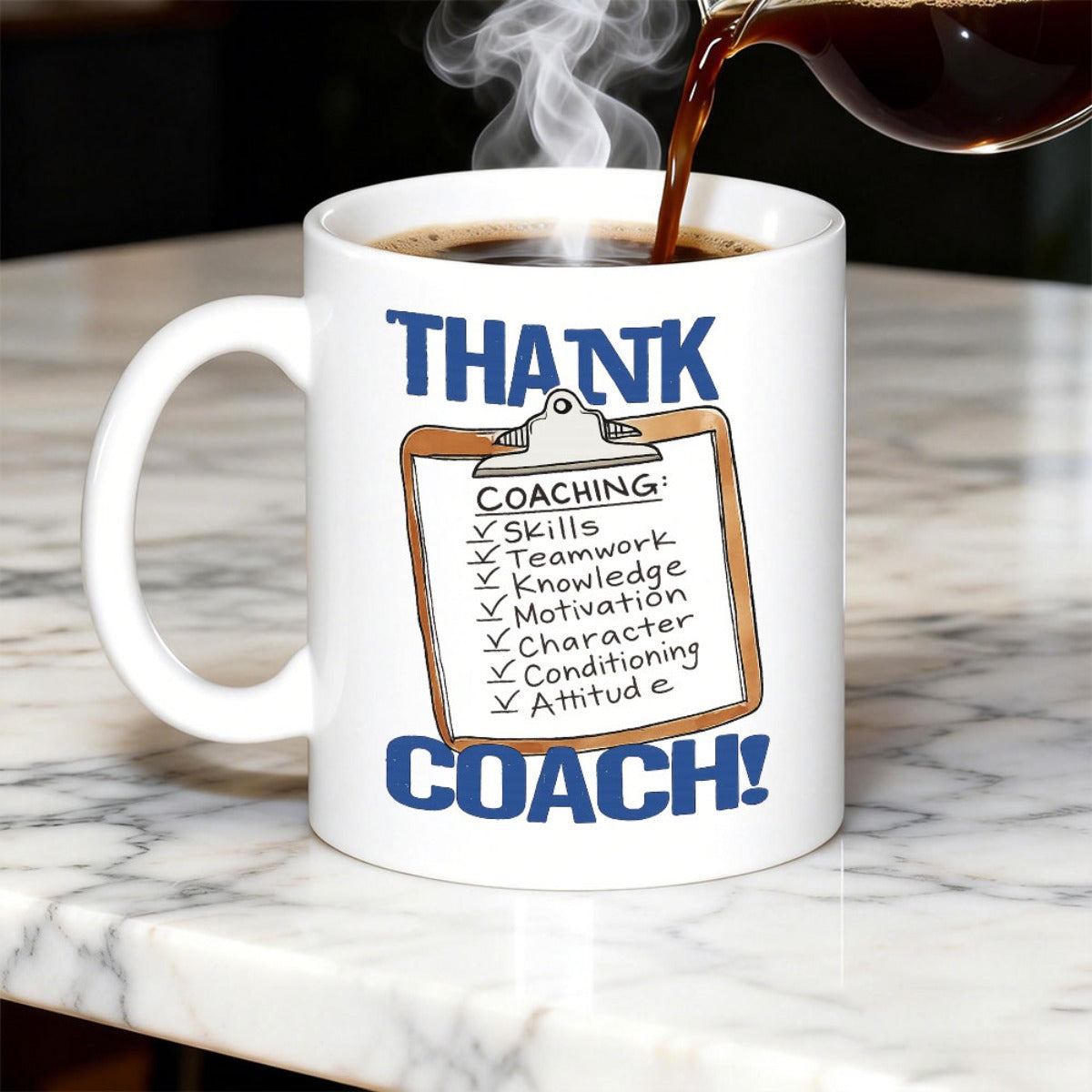 Tailorly White Ceramic 11 oz Mug - Thank Coach Detailed Wooden Checklist Clipboard With Bold Letters Upon White Smooth Mug