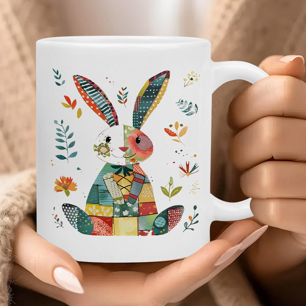Tailorly White Ceramic 11 oz Mug - Colorful Patchwork Style Sitting Among Delicate Floral Leaves And Seasonal Plants Rabbit