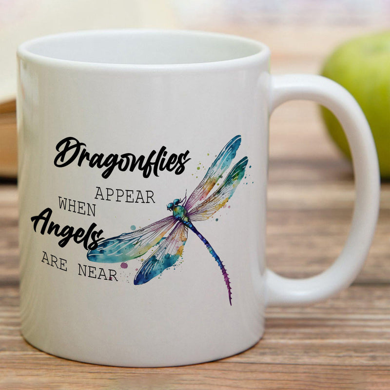 Tailorly White Ceramic 11 oz Mug - Dragonflies Appear When Angels Are Near Vibrant Watercolor Wings Floating Gracefully With Delicate Detailed Lines And Shimmering