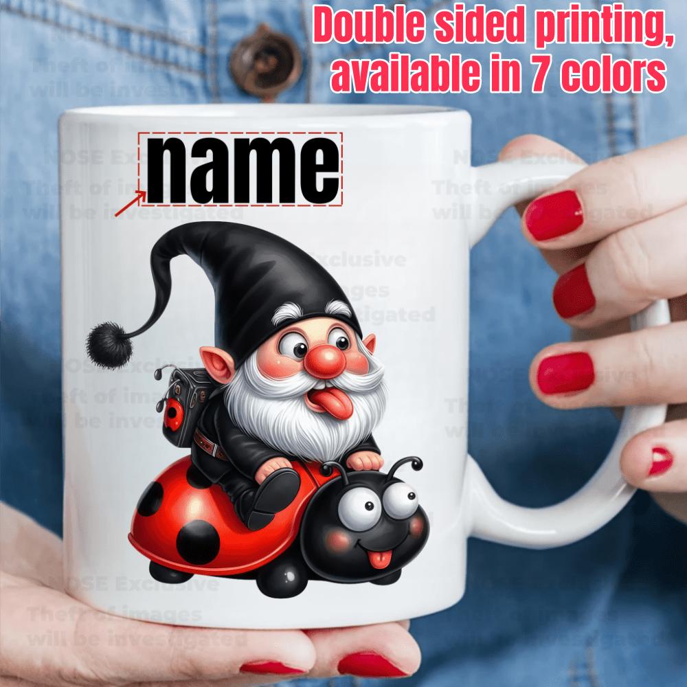 Tailorly White Ceramic 11 oz Mug - Name Whimsical Cartoon Gnome Character Riding On A Giant Red Ladybug Gnome