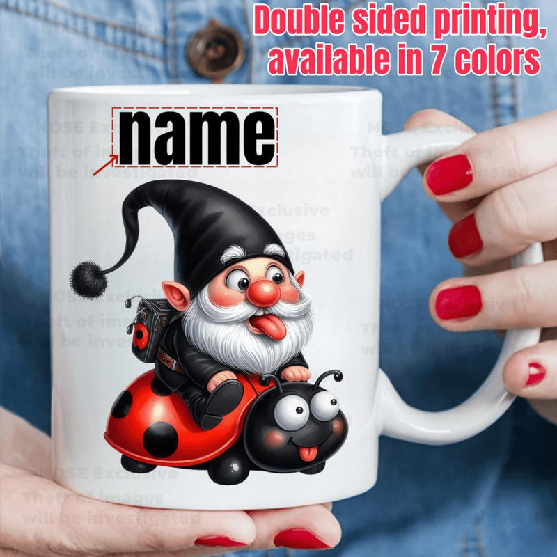 Tailorly White Ceramic 11 oz Mug - Name Whimsical Cartoon Gnome Character Riding On A Giant Red Ladybug Gnome