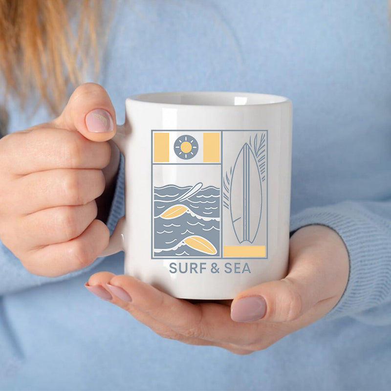 Tailorly White Ceramic 11 oz Mug - Surf Sea Vintage Style Geometric Coastal Elements With Radiant Sun And Rolling Waves Surfboard