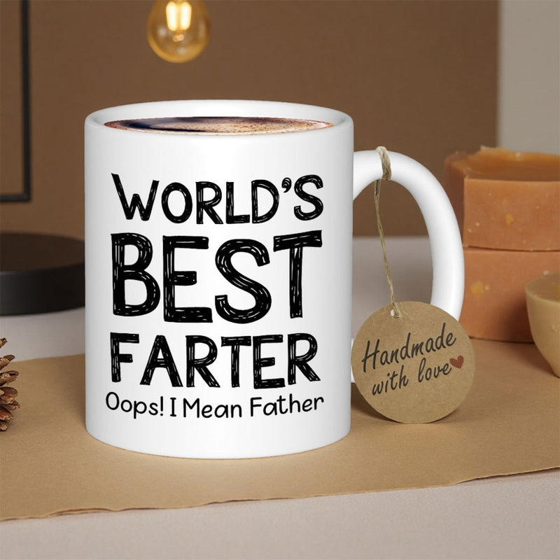 Tailorly White Ceramic 11 oz Mug - Worlds Best Farter Oops I Mean Father Clean White Surface With Bold Distressed Typography Featuring Playful Humor Text Mug