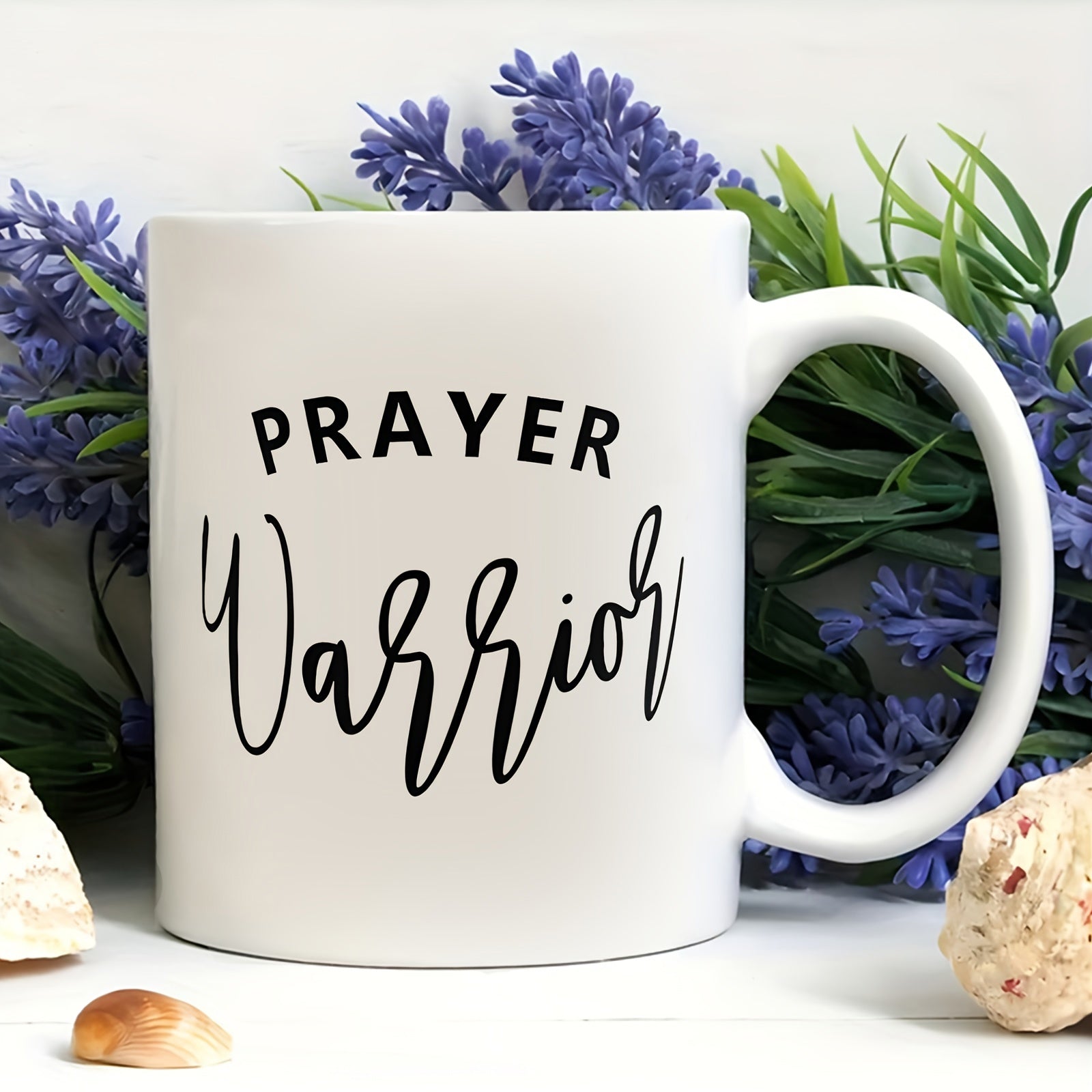 Tailorly White Ceramic 11 oz Mug - Prayer Warrior Minimalist White Ceramic Vessel Featuring Elegant Calligraphy Script Text Mug