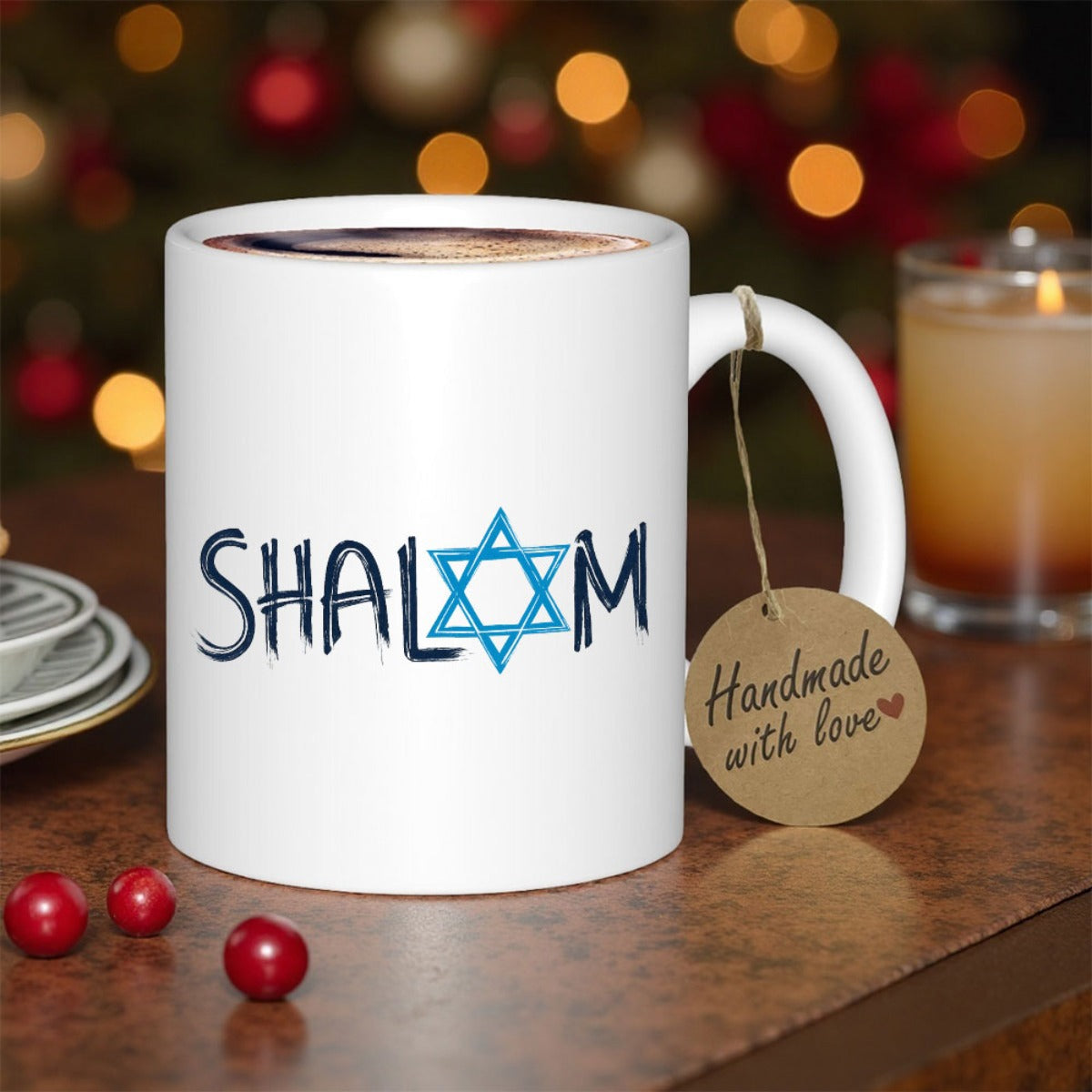 Tailorly White Ceramic 11 oz Mug - Shalom Artistic Blue Religious Symbol Featuring A Sacred Geometric Pattern Star