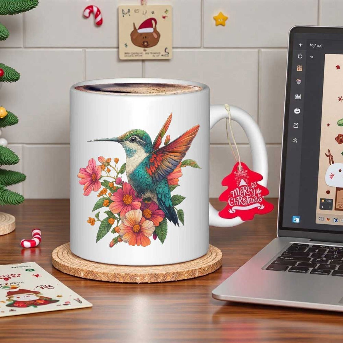Tailorly White Ceramic 11 oz Mug - Vibrant Colorful Bird Hovering Near Blooming Pink Flowers Hummingbird