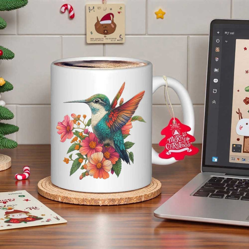 Tailorly White Ceramic 11 oz Mug - Vibrant Colorful Bird Hovering Near Blooming Pink Flowers Hummingbird