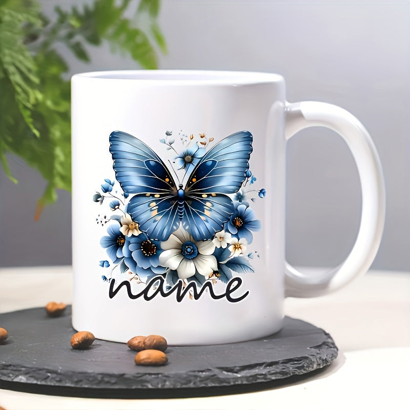 Tailorly White Ceramic 11 oz Mug - Name Radiant Blue Winged Insect Perched Upon Elegant White Garden Floral Blossoms Butterfly