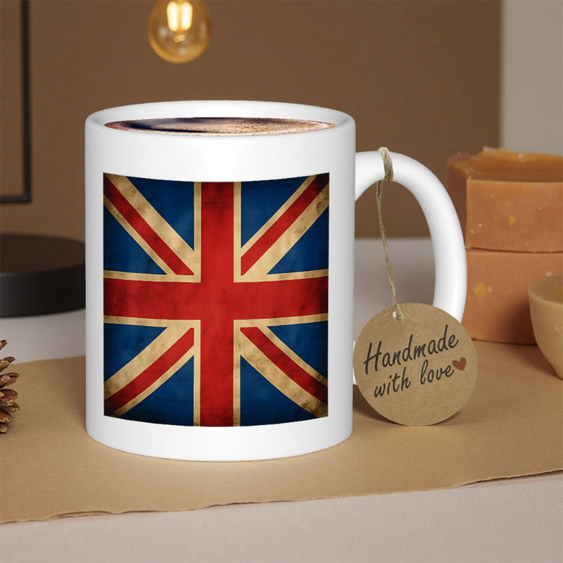 Tailorly White Ceramic 11 oz Mug - Handmade With Love Vintage Distressed United Kingdom Union Jack Symbol Displaying Patriotism And Heritage Flag