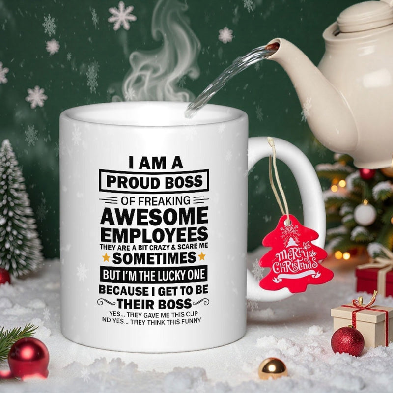 Tailorly White Ceramic 11 oz Mug - I Am A Proud Boss Bold Decorative Typography With Elegant Stars And Minimalist Horizontal Line Accents Quote
