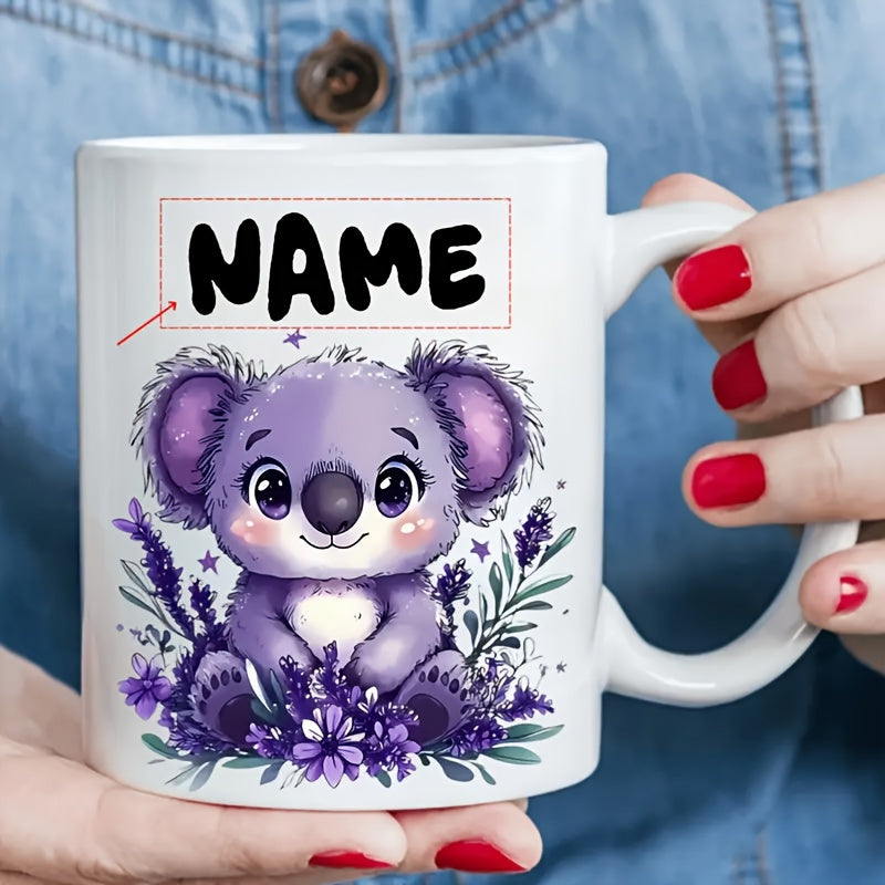 Tailorly White Ceramic 11 oz Mug - Name Adorable Purple Cartoon Koala Sitting Among Lush Lavender Floral Garden Koala
