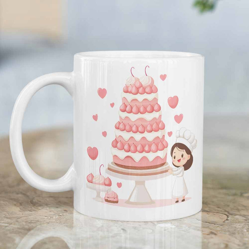 Tailorly White Ceramic 11 oz Mug - Charming Little Pastry Chef Standing Beside A Tall Pink Strawberry Cream Cake