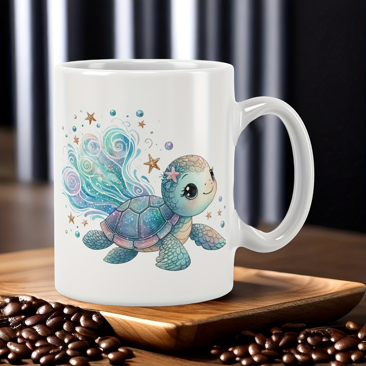 Tailorly White Ceramic 11 oz Mug - Adorable Pastel Swimming Among Swirling Blue Waves And Stars Sea Turtle