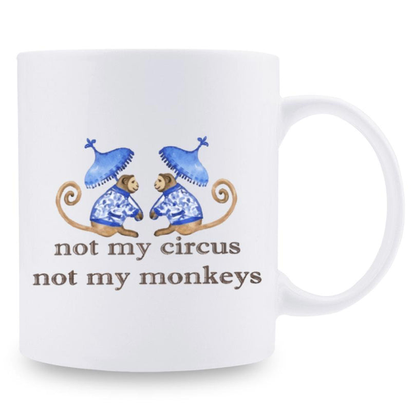 Tailorly White Ceramic 11 oz Mug - Not My Circus Not My Monkeys Two Traditional Chinoiserie Primates Holding Decorative Blue Umbrellas Monkey
