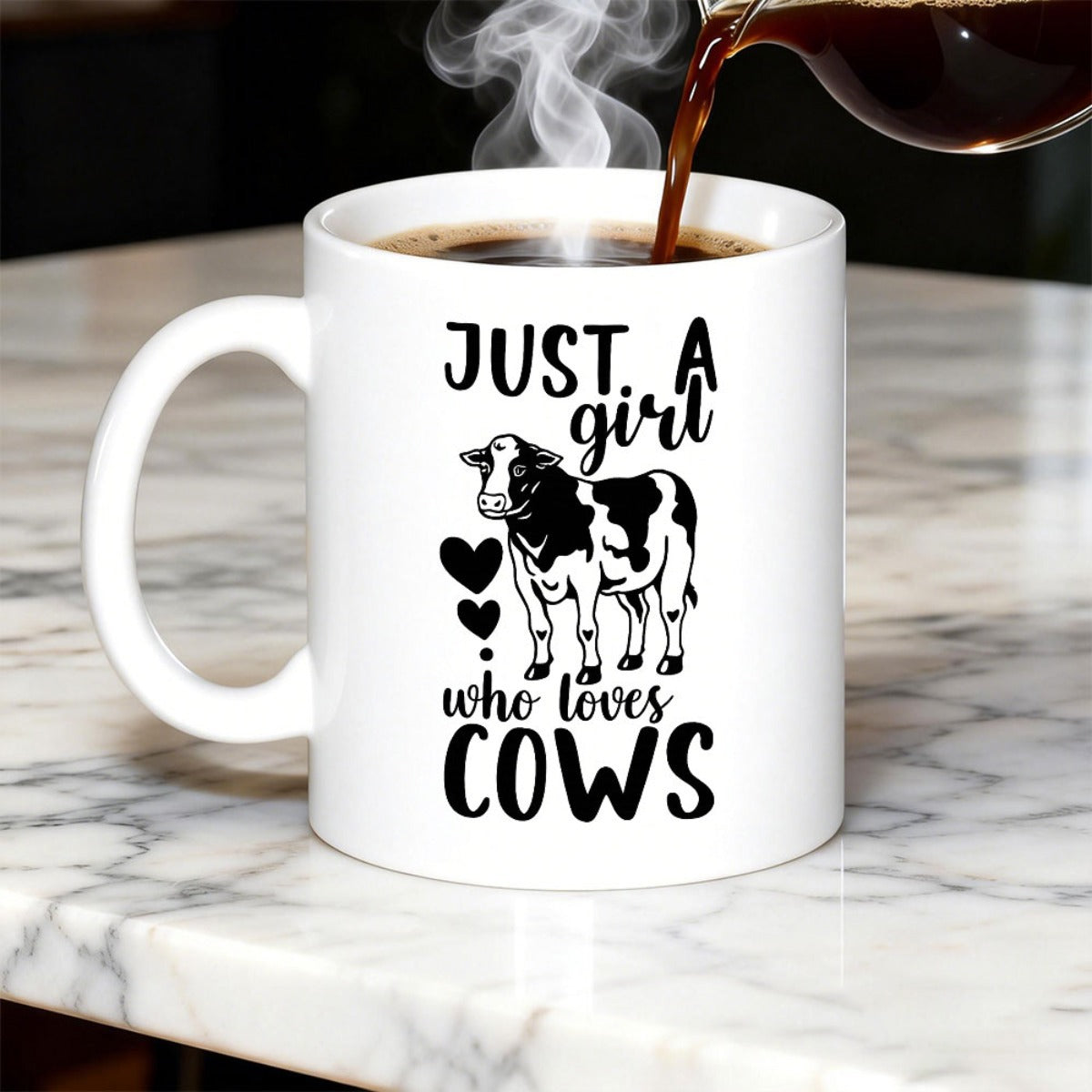 Tailorly White Ceramic 11 oz Mug - Just A Girl Who Loves Cows Standing Spotted Bovine With Tiny Hearts Minimalist Animal Cow