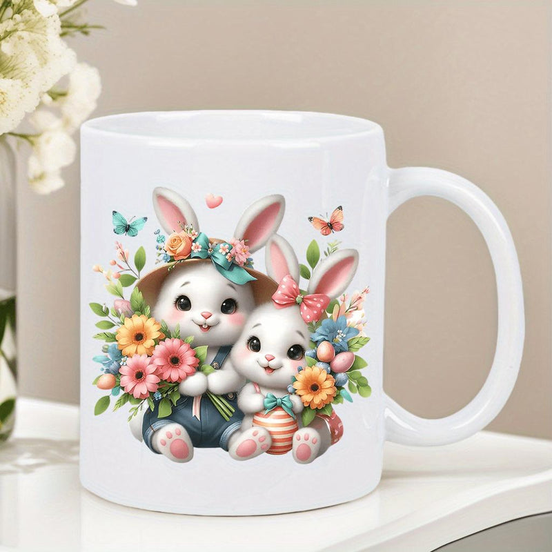 Tailorly White Ceramic 11 oz Mug - Two Adorable White Rabbits Sitting Surrounded By Colorful Flowers And Butterflies Bunny