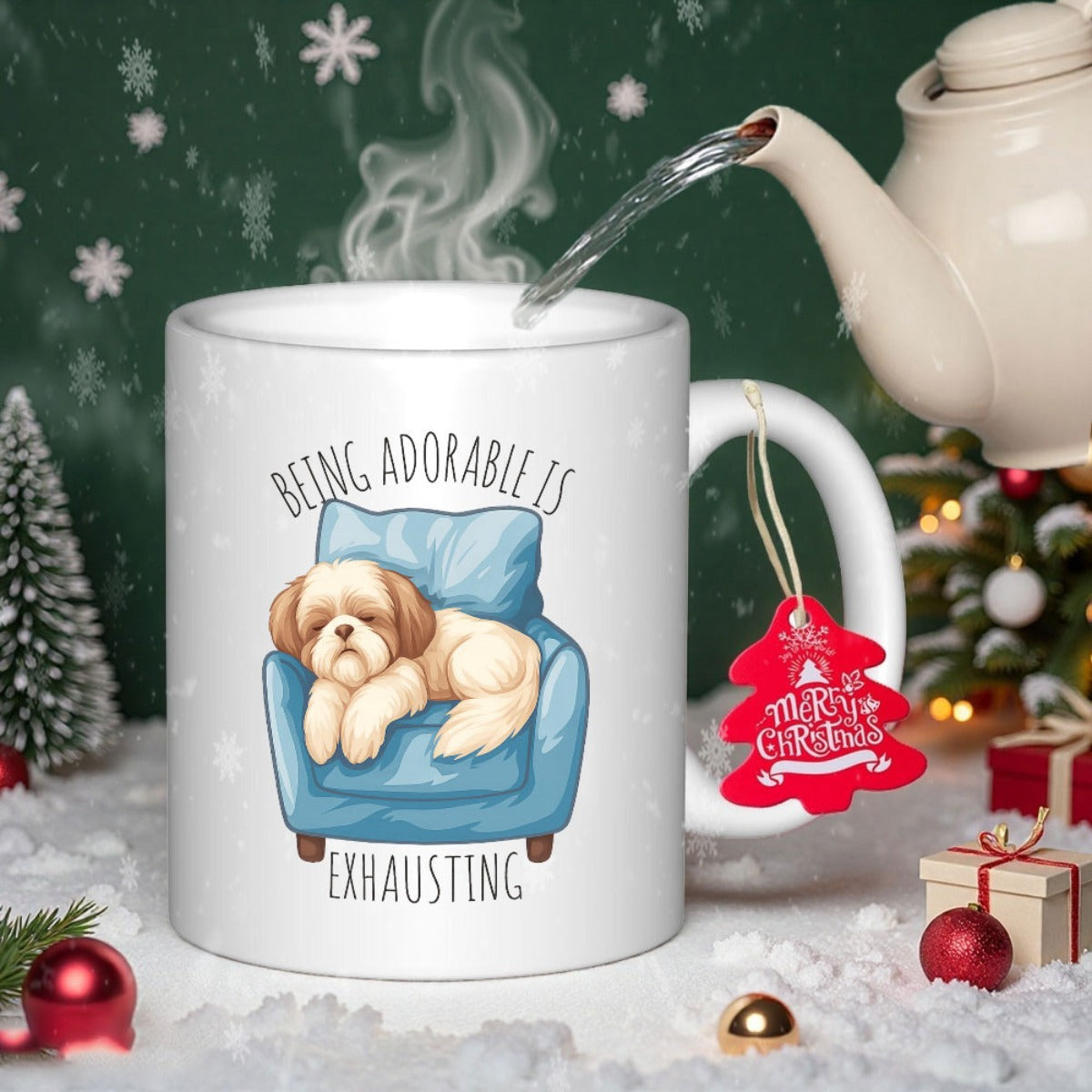 Tailorly White Ceramic 11 oz Mug - Being Adorable Is Exhausting Small Fluffy Puppy Sleeping Peacefully On A Cozy Blue Armchair Dog