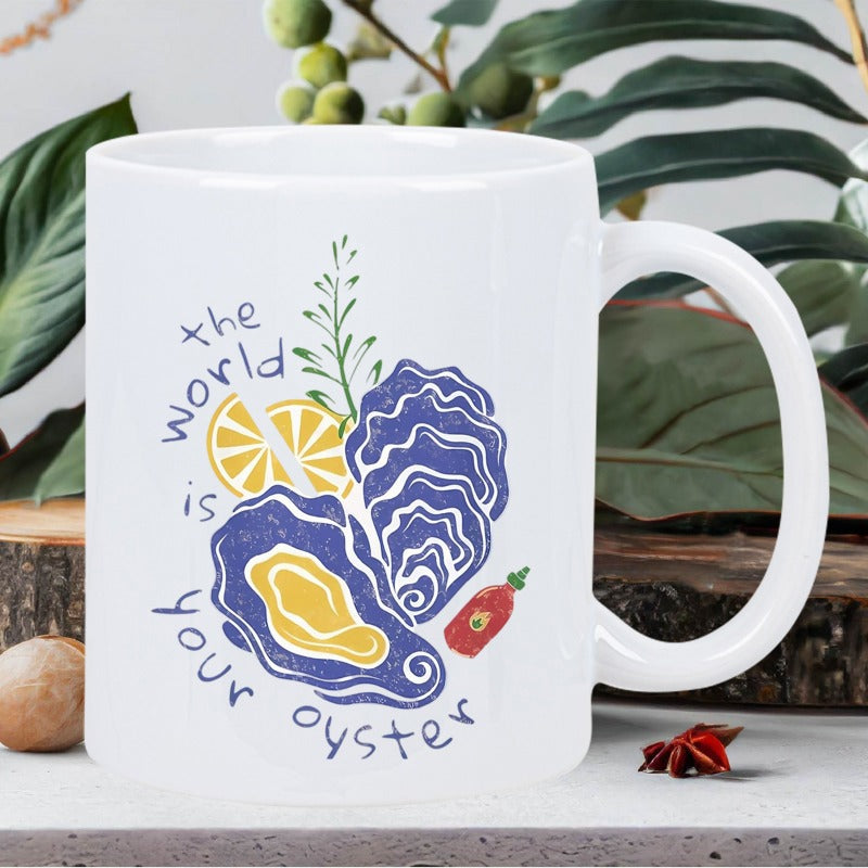 Tailorly White Ceramic 11 oz Mug - The World Is Your Oyster Artistic Blue Shellfish With Fresh Lemon And Green Herbs Decoration Oyster