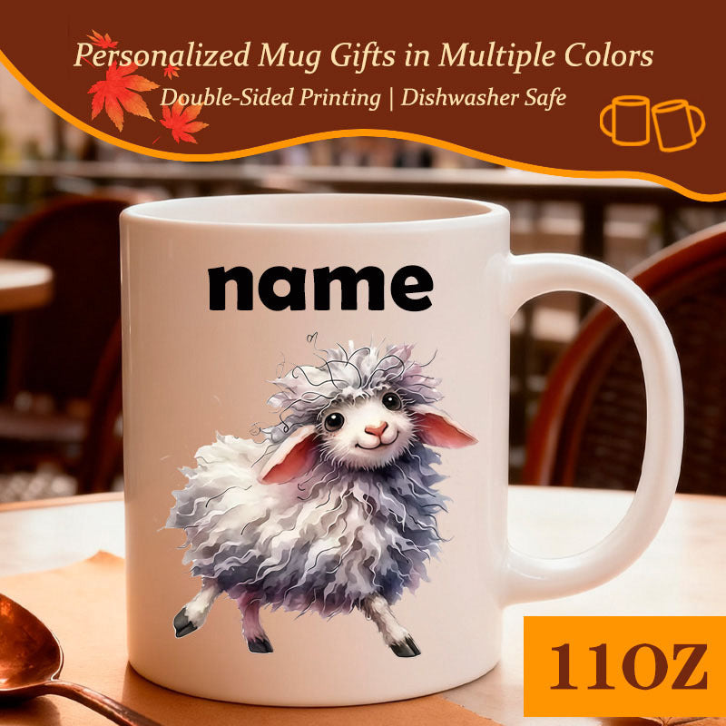 Tailorly White Ceramic 11 oz Mug - Name Fluffy Watercolor Little Lamb With Soft Pink Ears Walking Proudly Sheep